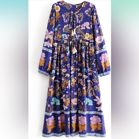 Blue Pink Long Sleeve Sundress with Bishop Sleeves - Picture 2 of 10